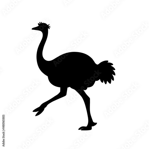 Minimalist black silhouette of an ostrich in a running pose