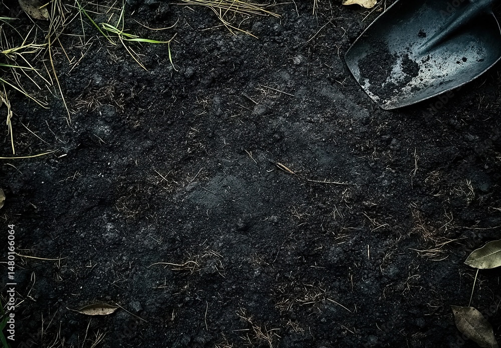 Fototapeta premium A shovel resting on dark, rich soil with some grass and leaves around