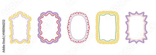 Colorful Hand Drawn Frames with Ornamental Shapes and Twisted Borders. Decorative Stamp Inspired Borders in Orange, Green and Purple. Vector Illustration on Light Background