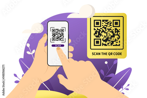Vector illustration of hands scanning a QR code with a smartphone, with colorful background and “Scan the QR Code” text.