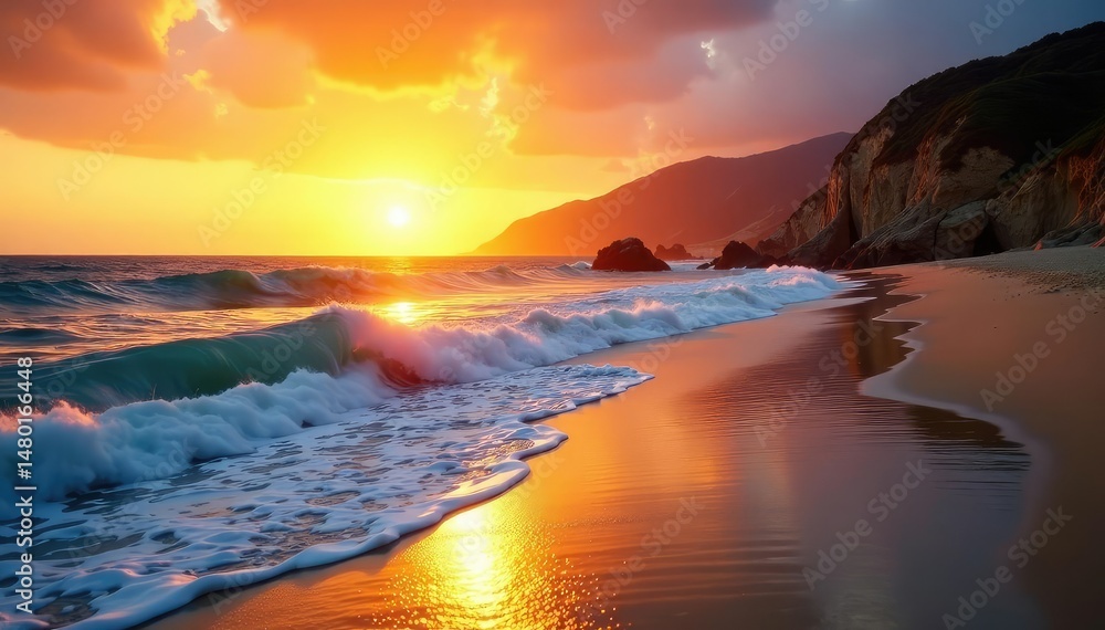 Fototapeta premium Golden California beach sunset, waves crashing on the shore Tranquil ocean view , peace, vibrant