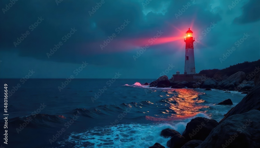 Fototapeta premium Horizontal lighthouse beam sweeping across dark ocean, flashlight, marine, beam