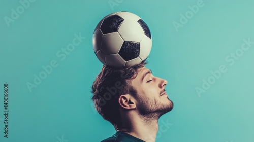 Man balancing soccer ball on head skill training sport athlete practice football player talent game skill