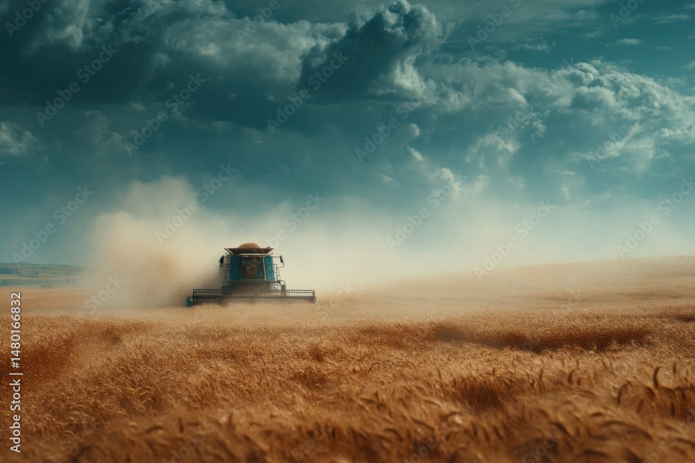 Fototapeta premium Combine Harvester Harvesting Grain Crop in Golden Field under Moody Sky for Agriculture Industry