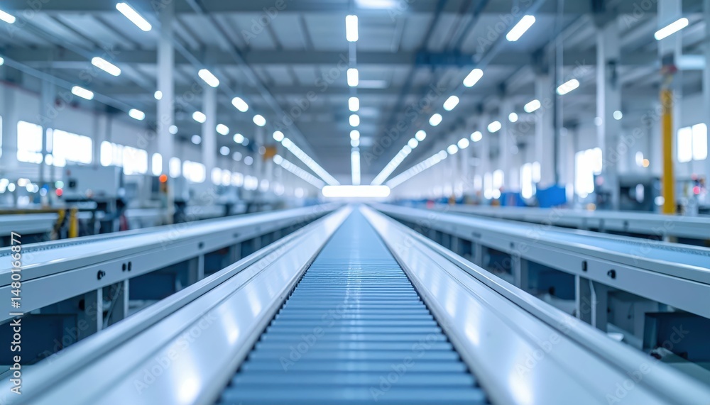 Fototapeta premium Industrial Conveyor Belt in Modern Warehouse with Bright Lighting