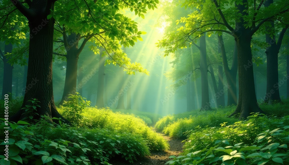 Obraz premium Lush green forest scene with dappled sunlight filtering through leaves , plants, moss