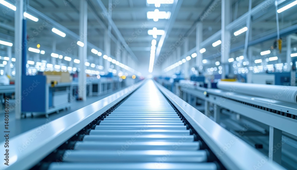 Modern Industrial Conveyor Belt in Large Manufacturing Facility Modern Industrial Conveyor Belt in Large Manufacturing Facility