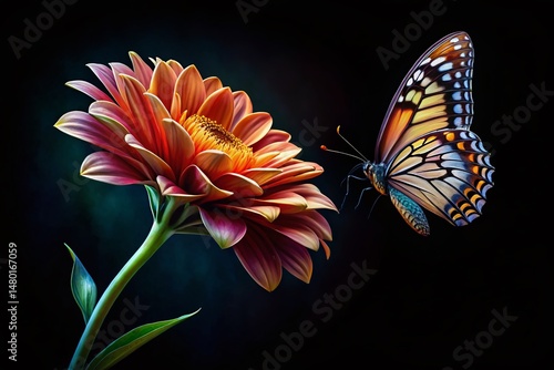 Silhouette Watercolor Flower Butterfly, Elegant Nature Botanical Art Print, Dark Background