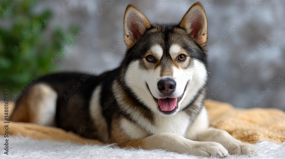 Fototapeta premium Happy Dog Relaxing on Soft Blanket with Blurred Background