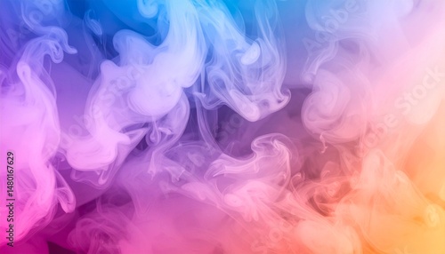 Colorful smoke background, swirling wisps of pink, blue, purple and orange smoke beautifully blend together