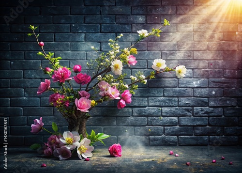 Sleek Charcoal Brick Wall Spring Bloom Surreal Photography Stock Photo