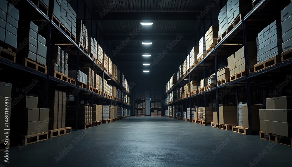 Fototapeta premium A dimly lit warehouse with shelves stocked with boxes