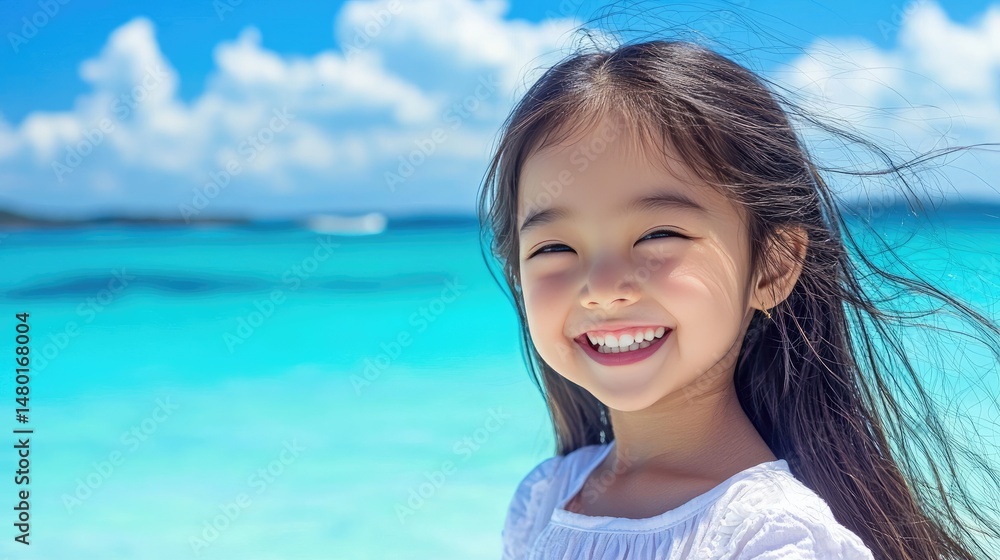 Happy Child Smiling by the Turquoise Ocean on a Sunny Day Happy Child Smiling by the Turquoise Ocean on a Sunny Day