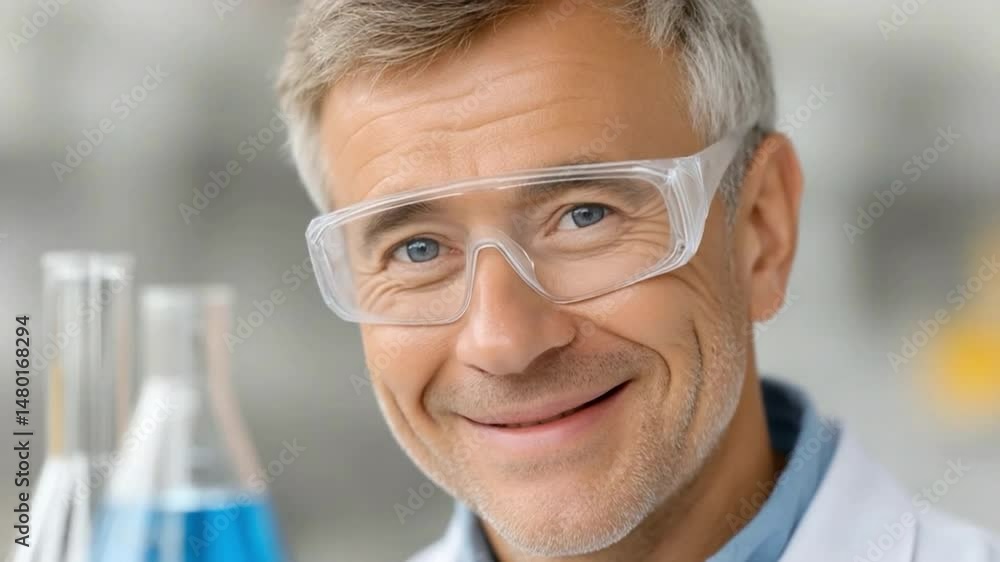 The Joy of Discovery: A mature scientist, with his kind eyes twinkling behind safety goggles, beams with delight in a laboratory setting, showcasing a spirit of curiosity and passion for research. The Joy of Discovery: A mature scientist, with his kind eyes twinkling behind safety goggles, beams with delight in a laboratory setting, showcasing a spirit of curiosity and passion for research.