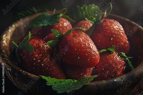 Fresh ripe strawberries, vibrant red color, dewy surface, green leaves attached, placed in a rustic wooden bowl, natural morning light, ultra-realistic, juicy and fresh look 