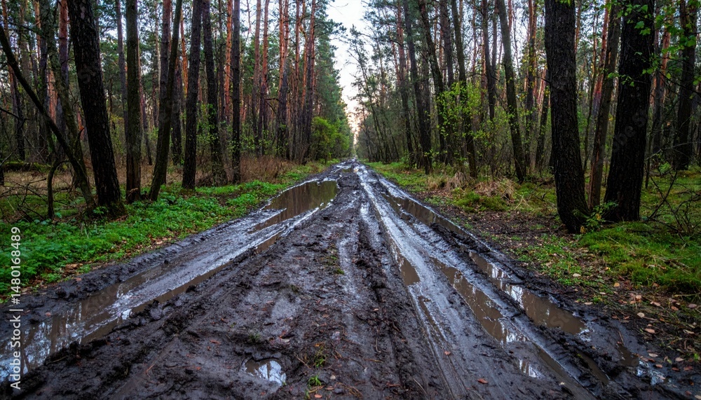 Obraz premium Muddy Trail in Dense Pine Forest After Rainfall in Early Morning