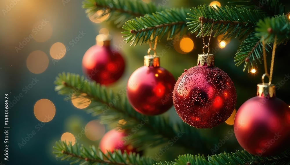Sparkling Christmas tree ornaments hanging on a decorated branch , star, glitter ornaments Sparkling Christmas tree ornaments hanging on a decorated branch , star, glitter ornaments
