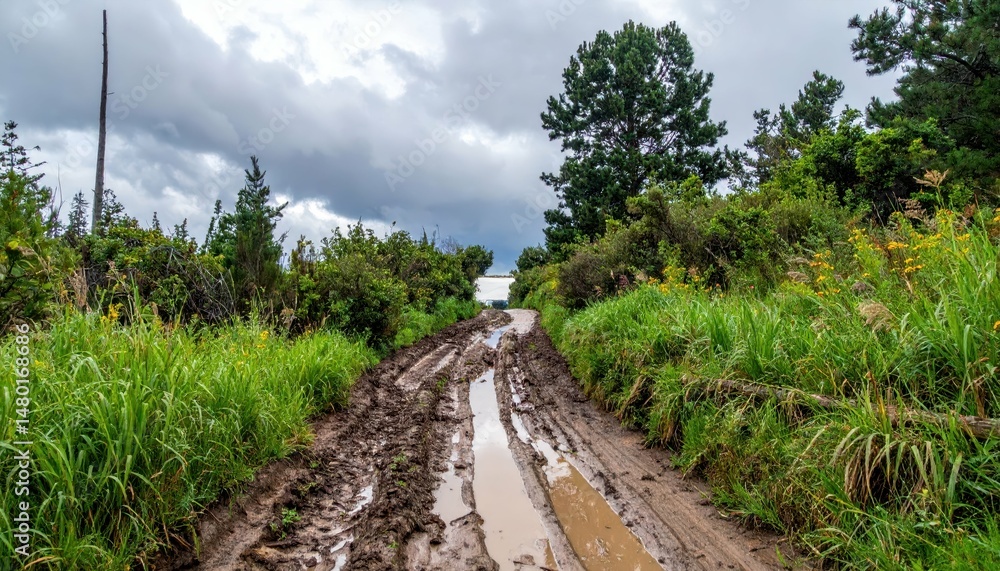 Obraz premium Muddy Path Through Lush Greenery Under Dramatic Cloudy Sky