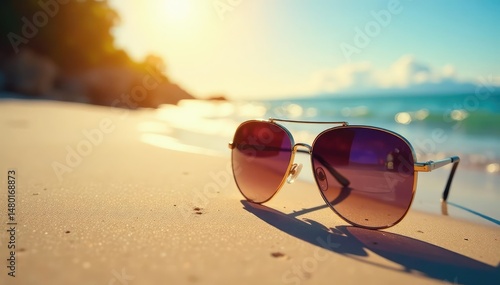 Wallpaper Mural Stylish sunglasses reflecting sunlight on a beach ,  classic, ocean,  beach accessories Torontodigital.ca