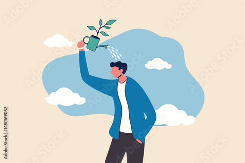 Self improvement, growth mindset, positive attitude to learn new knowledge improvement for business problem concept, smart businessman learner using watering can to water growing seedling on his head.