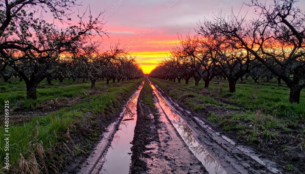 Fototapeta premium Vibrant Sunset over Orchard Path with Reflections on Wet Soil