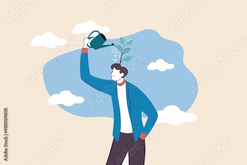 Self improvement, growth mindset, positive attitude to learn new knowledge improvement for business problem concept, smart businessman learner using watering can to water growing seedling on his head.