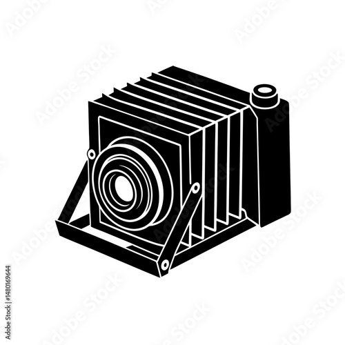 folding camera with bellows on white background   