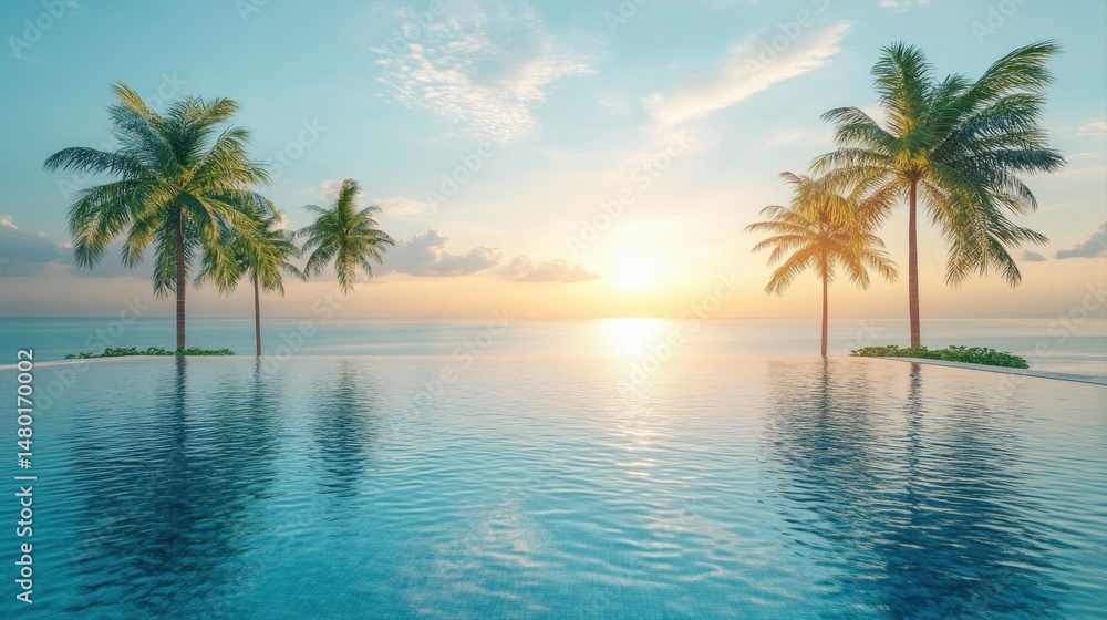Serene Sunset Over Calm Water with Silhouetted Palm Trees Against a Beautiful Sky Serene Sunset Over Calm Water with Silhouetted Palm Trees Against a Beautiful Sky