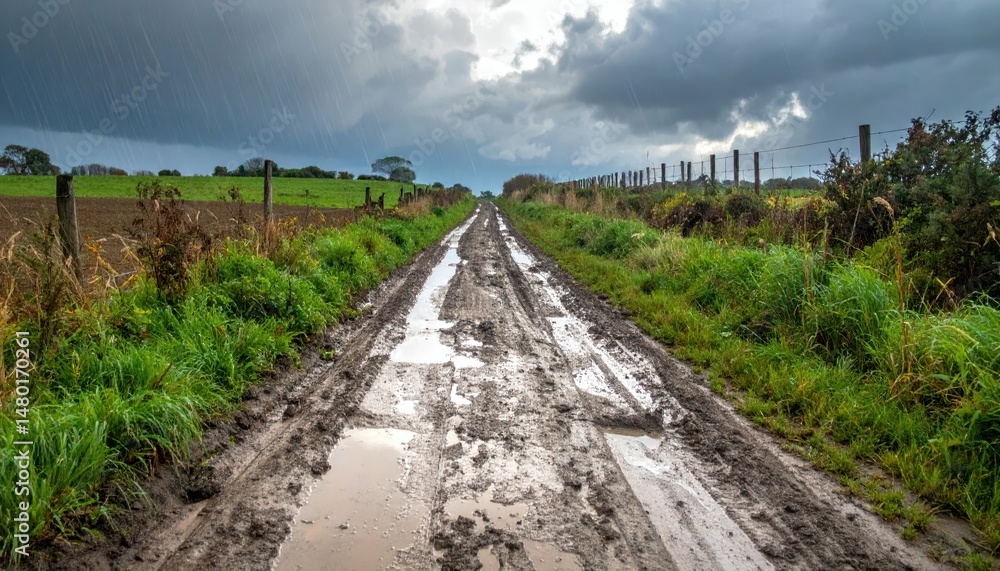 Muddy Rural Path Under Dramatic Cloudy Sky in Countryside Landscape Muddy Rural Path Under Dramatic Cloudy Sky in Countryside Landscape