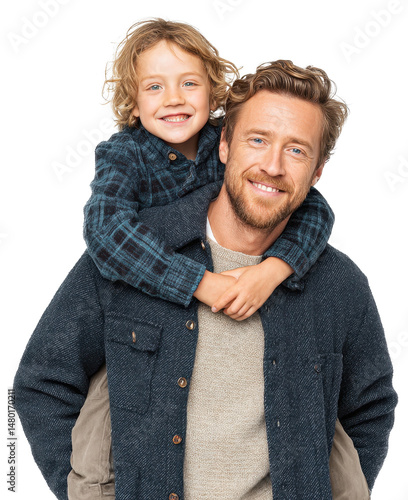 father giving his son a piggyback ride isolated on transparent background