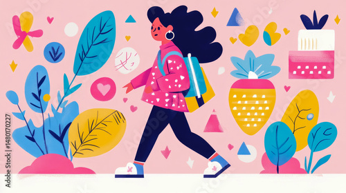 Wallpaper Mural Illustration of a girl walking with geometric flora elements, cute and colorful for design, print and decoration Torontodigital.ca