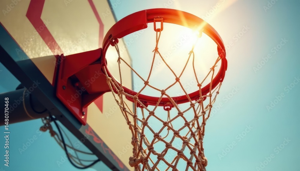 Close-up of a basketball hoop with a net, sunlight gleaming on the rim , action, hoop, day Close-up of a basketball hoop with a net, sunlight gleaming on the rim , action, hoop, day