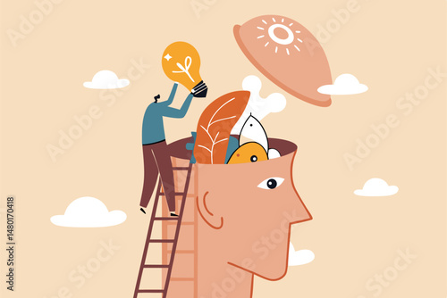 Upskill, learn new things or knowledge development for new skill and improve job qualification concept, man putting light bulb ideas, books and rocket booster into human head to upgrade working skill.