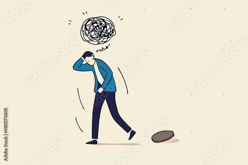 Stress at work, exhausted from overworked and too many problems or frustrated and paranoia office worker concept, hopelessness frustrated businessman employee with anxiety busy line over his head.