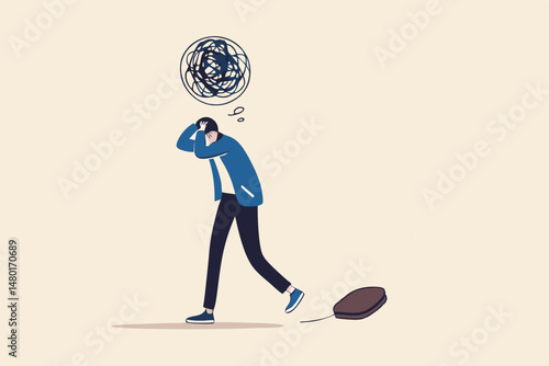 Stress at work, exhausted from overworked and too many problems or frustrated and paranoia office worker concept, hopelessness frustrated businessman employee with anxiety busy line over his head.