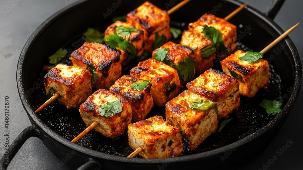 Sizzling hot paneer tikka with chili marinade, smoky grill marks visible Sizzling hot paneer tikka with chili marinade, smoky grill marks visible