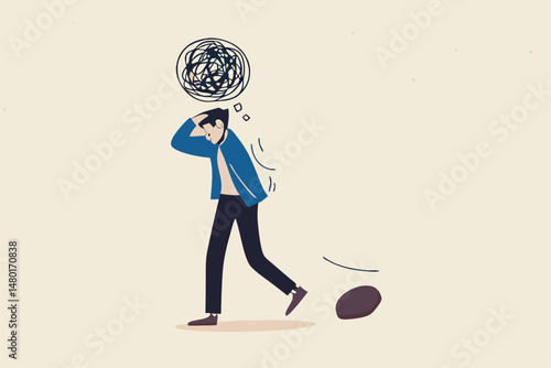 Stress at work, exhausted from overworked and too many problems or frustrated and paranoia office worker concept, hopelessness frustrated businessman employee with anxiety busy line over his head.