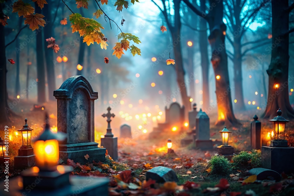 Obraz premium Spooky Halloween Graveyard in Dark Forest, Bokeh Lights, Mystical Atmosphere