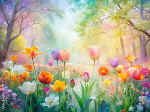 Spring Garden Watercolor Double Exposure: Blooming Flowers & Abstract Patterns