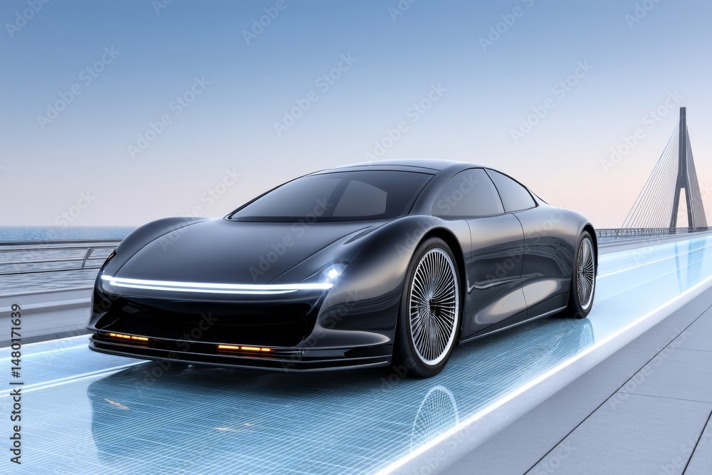 Obraz premium A luxury magnetic hovercar gliding above a crystal-clear road surface