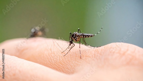 Tiger Mosquito biting skin, potential carrier for diseases like Zika, Dengue, Malaria