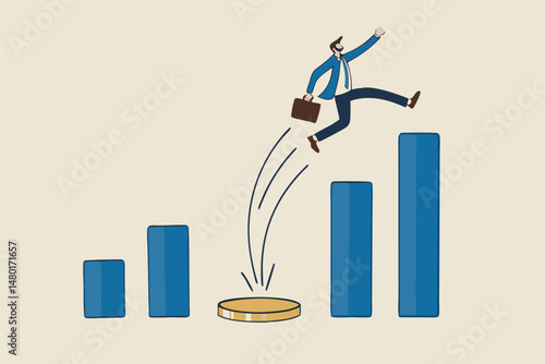 Business challenge, revenue rebound and recover from economic crisis or earning and profit growth jump from bottom concept, strong businessman jumping from trampoline back to top of growing bar graph.