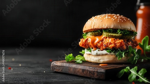 Intense buffalo chicken sandwich with spicy mayo, pickles, and dripping hot sauce