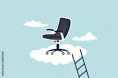 Career success, job position promoted to management opportunity or ladder of success concept, management office chair on cloud with ladder for talent and employee to climb up.