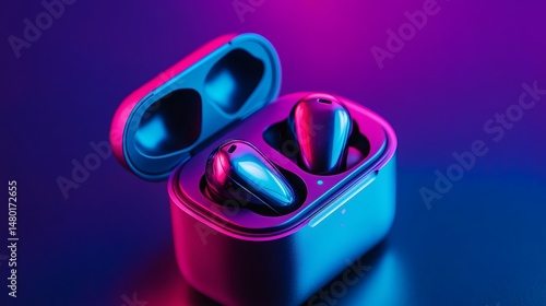 Wireless earbuds with charging case product photography in vibrant neon colors studio lighting style shot