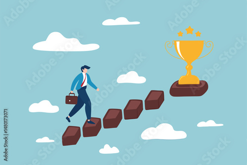 Success in business, career opportunity or business growth to reach target concept, smart successful businessman step up on wooden stairs to reach winner achievement trophy on top of the stair case.