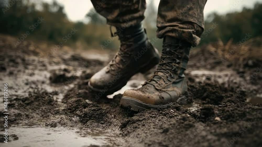 Sturdy Military Boots in Muddy Terrain During Overcast Day in Nature 4k video footage Sturdy Military Boots in Muddy Terrain During Overcast Day in Nature 4k video footage