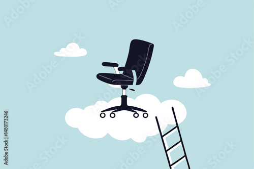 Career success, job position promoted to management opportunity or ladder of success concept, management office chair on cloud with ladder for talent and employee to climb up.
