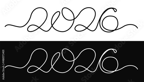 New 2026 year, one continuous line art. Outline calligraphy numbers. Handwritten linear 2026 on white and black background. One continuous line year number, vector illustration
