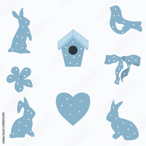 Vector illustration with hares, birds, flowers, heart
